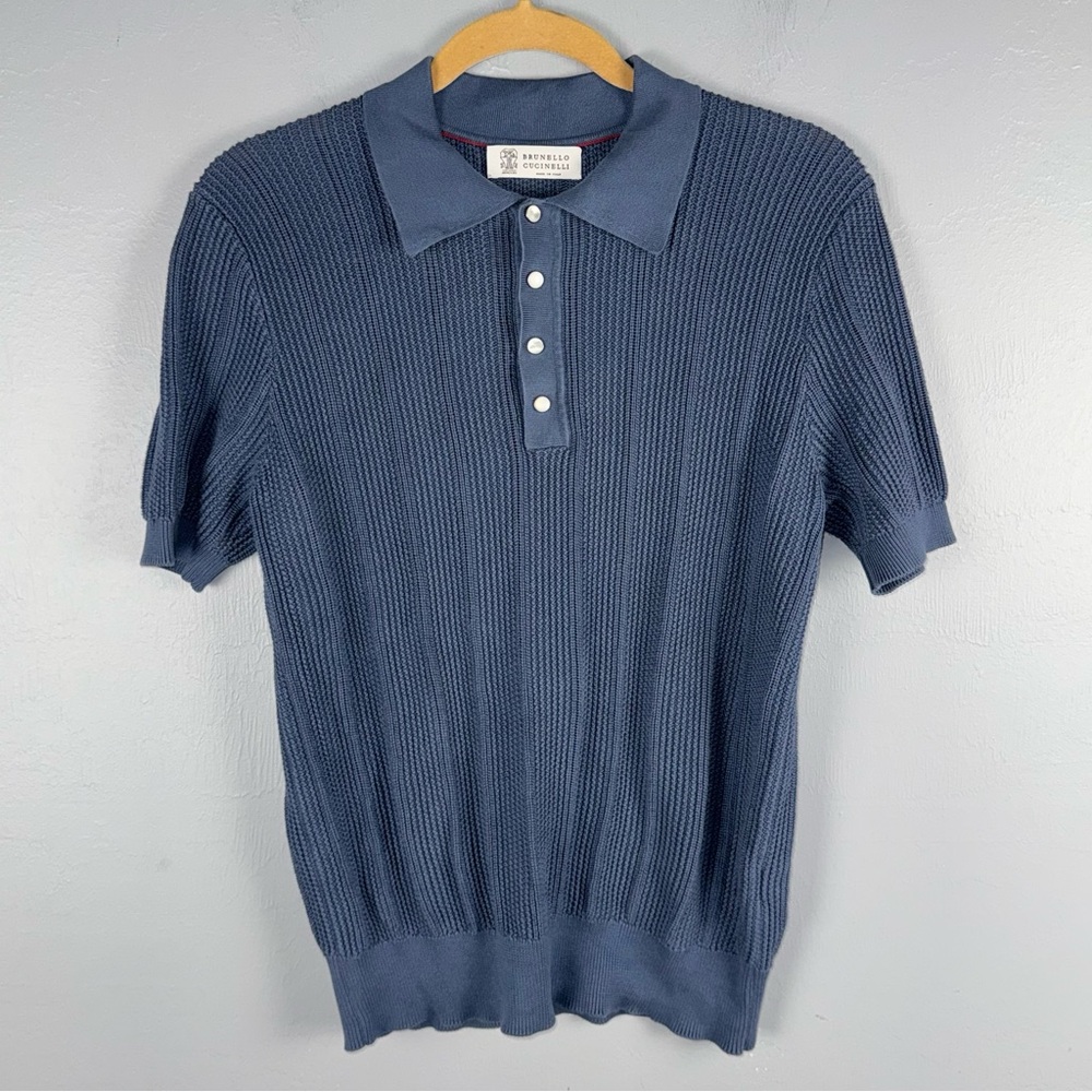 Brunello Cucinelli Ribbed Cotton Polo Shirt Men’s 48 (US Small) Blue Preppy